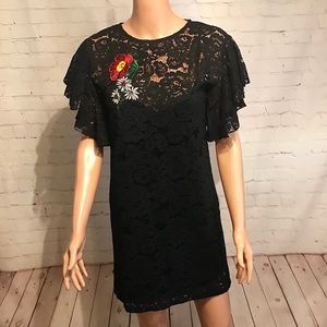 Zara black lace dress with red floral embroidered size small boho